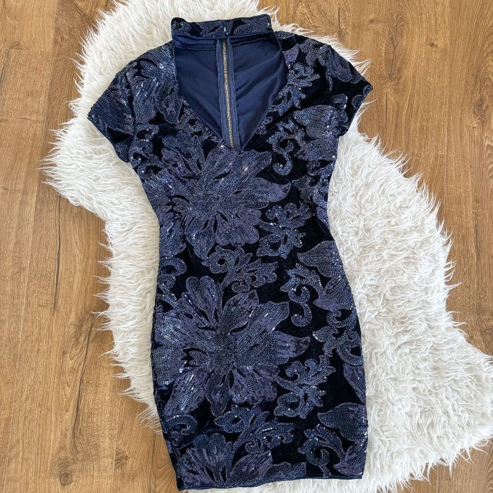 AKIRA Navy Velvet and Sequin Floral Mini Dress | Size S